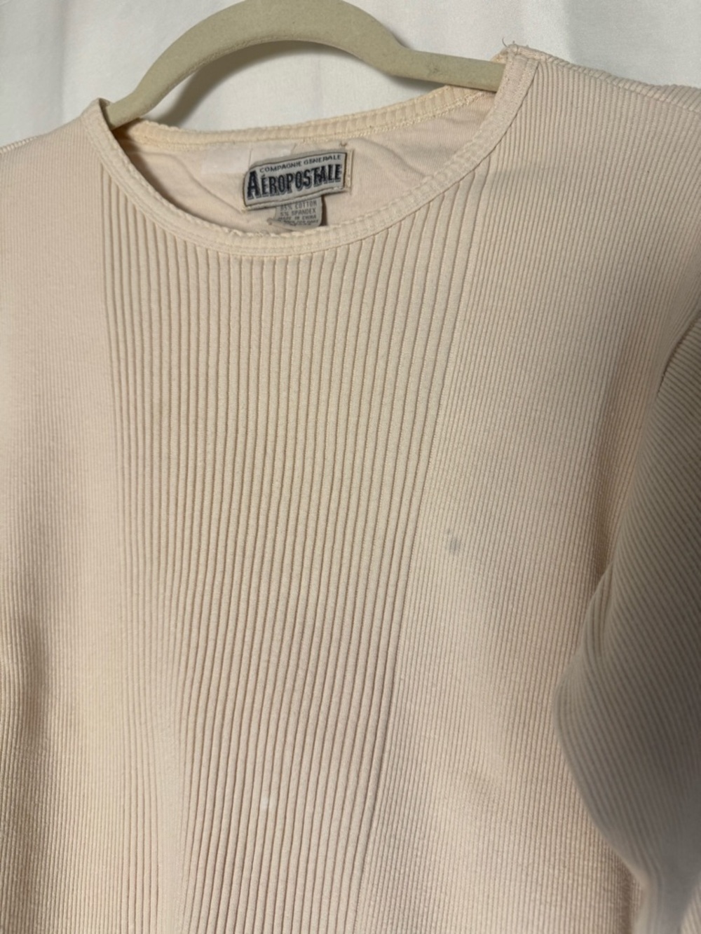Vintage 90s Aeropostale Ribbed Cream Crewneck Long Sleeve Tee Shirt With Collar